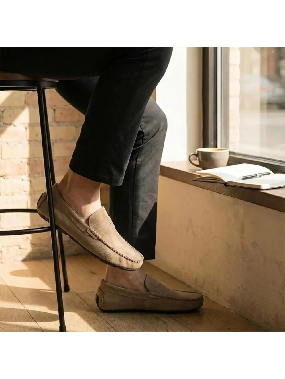 Men's Khaki Suede Penny Loafers Slip-On Driving Moccasins Casual Flat Shoes
